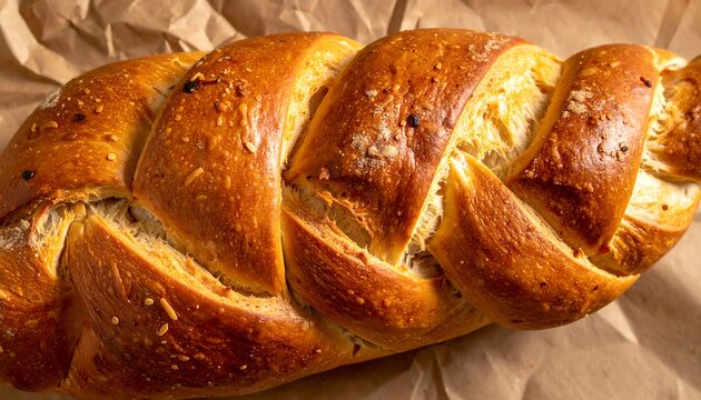 Baked braided bread on parchment