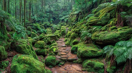 Lush green moss covers rocks and trees along a pathway creating a serene and enchanting scene within a dense forest environment.