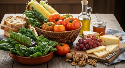 Fresh produce and dairy products arranged on a wooden table in a rustic kitchen setting