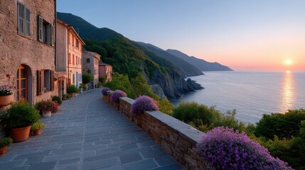 Scenic Mediterranean Hillside Village at Sunset with Stone Buildings Lush Greenery and Sparkling Sea Views Under Clear Sky in Warm Golden Light