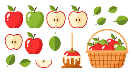 Flat Design Apple Icon Set with Whole, Sliced, Leaves, Caramel Apple, and Basket