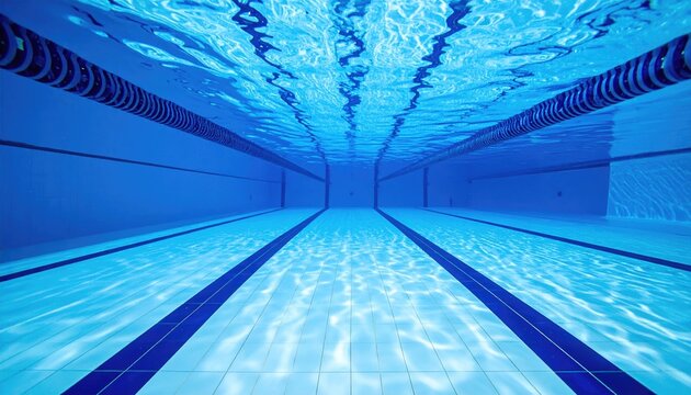 Underwater Swimming Pool with Blue Tiled Lanes and Rippling Water Surface