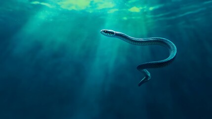 A graceful sea snake swims through the deep blue ocean, illuminated by ethereal sunbeams