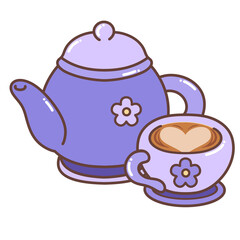 A Charming Purple Teapot and Cup of Coffee with Floral Decorations for Relaxation