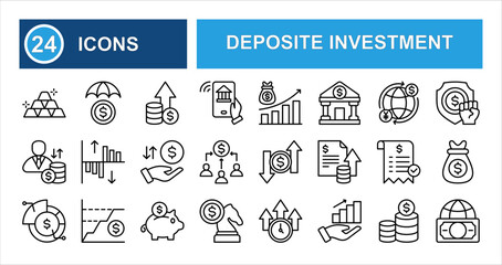 Minimalist deposit investment line icon set with editable stroke, featuring e-banking, data, insurance, savings, gold, profit, decision, and stock in a clean thin linear illustration style.