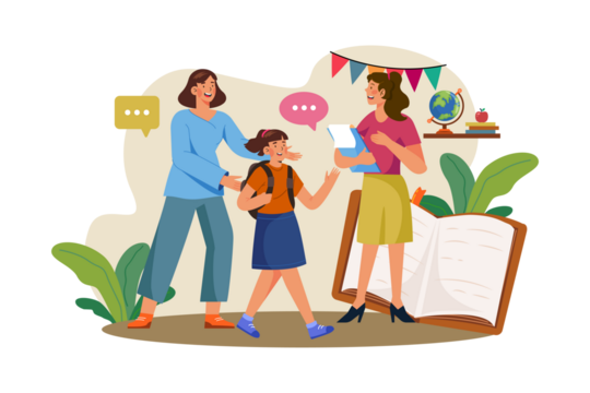 Concerned Woman Escorting Angry Child to School Illustration with Globe Book and Party Flags on Beige Backdrop in Transparent Background