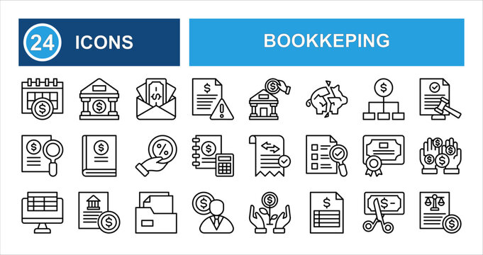 Minimalist bookkeeping line icon set with editable stroke, featuring fiscal year, calculator, savings, invoice, receipt, certificate, accountant, statements, and payment in clean thin linear style.