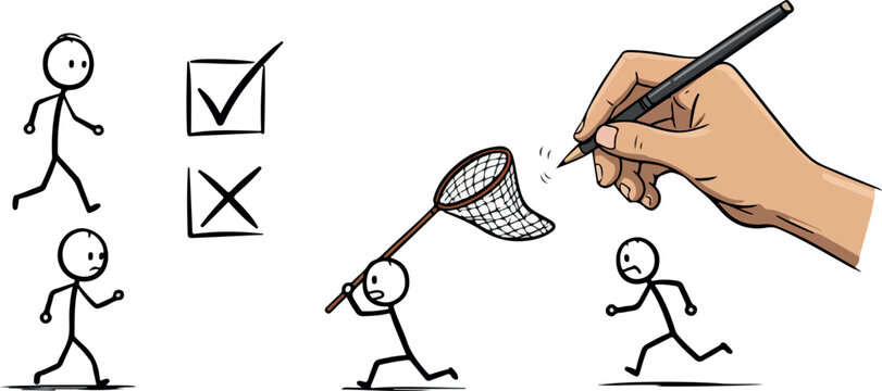 Stick figures running from pen and net with check marks.