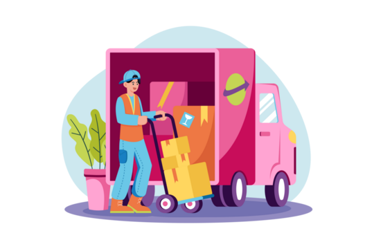Pink Delivery Truck with Worker Moving Boxes in Pixelated Style on White Background