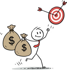 Successful businessman achieving financial goals with money bags and target.