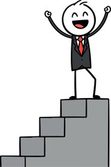 Successful businessman celebrates achievement on top of the stairs.