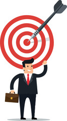 Successful businessman achieving his goals with a dart hitting the target.