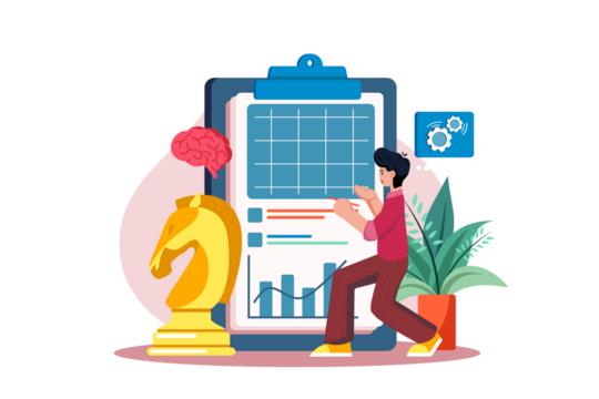 Person Presenting Strategy on Clipboard Near Chess Piece and Brain Vector Illustration with White Background