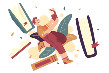 Person Reading a Book Floating Among Colorful Books with Beige and Teal Accents on Transparent Background Illustration