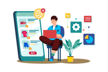 Person Using Laptop Sitting by Large Teal Mobile Device with Clothing Purchase Options on Transparent Background