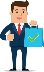 Successful businessman holding shopping bag with check mark giving thumbs up.