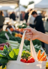 Shopping for fresh produce at the local farmers market with a reusable grocery bag filled up