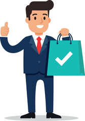 Successful businessman holding shopping bag with checkmark showing approval and satisfaction.