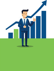 Successful businessman showing growth with upward trend chart and positive outlook.