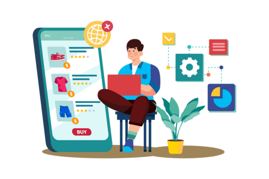 Person Using Laptop Sitting by Large Teal Mobile Device with Clothing Purchase Options on Transparent Background