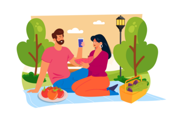 Picnic Scene with Man and Woman on Blanket with Food in Pixel Art Style Park Setting and Lush Greenery with Transparent Background
