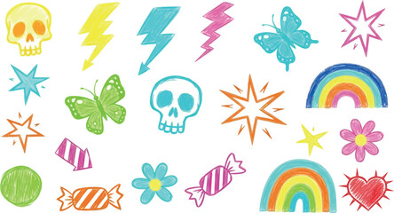 Vector art of assortment of colorful handdrawn doodle icons including skulls, butterflies, and rainbows