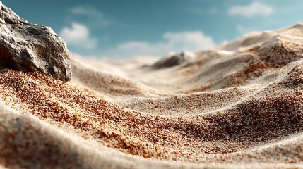Minimal desert sand surface with soft horizon blur, providing 75% empty background for lifestyle product display, mockups, wellness, natural cosmetics, and eco-friendly branding campaigns.