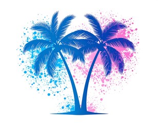 Naklejka premium Two stylized palm trees in blue and pink splatter