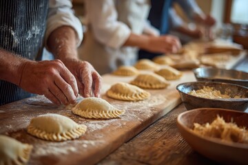 Close-up on hands making empanadas on a floured wooden board with ingredients. It can illustrate traditional cooking, baking courses, or family recipes.