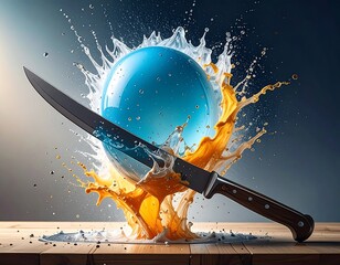 A vibrant sphere, sliced by a knife, erupts in a colorful splash of liquids on a wooden surface