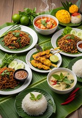 Assorted thai dishes served on banana leaves create a vibrant and appetizing presentation
