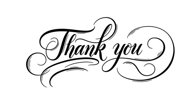 Elegant Calligraphic 'Thank You' in Script Font with Swirls and Decorative Elements