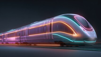 Futuristic sleek train glides forward, accented by neon lights in orange, teal, and purple hues against dark