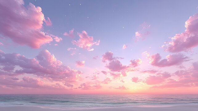 Scenic Pastel Sunset Sky over Tranquil Ocean with Soft Clouds and Warm Light Cinematic HD Image Serene Coastal Landscape Evening Ambiance Dreamy