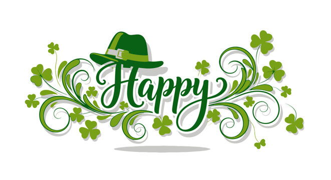Happy St. Patrick's Day design with a green hat, shamrocks, and swirls for festive celebrations