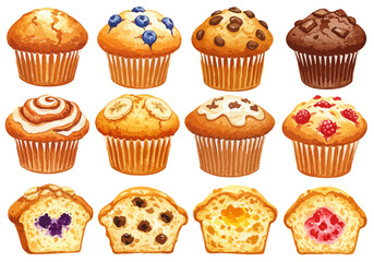 マフィンのセット,様々なフレーバー,ブルーベリー,チョコチップ,バナナ,ラズベリー,断面図