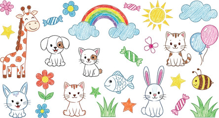 Fototapeta premium Vector art of cute cartoon animals, rainbow, sun, clouds, and candy