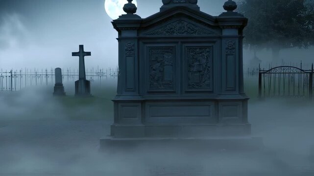 Foggy graveyard at night
