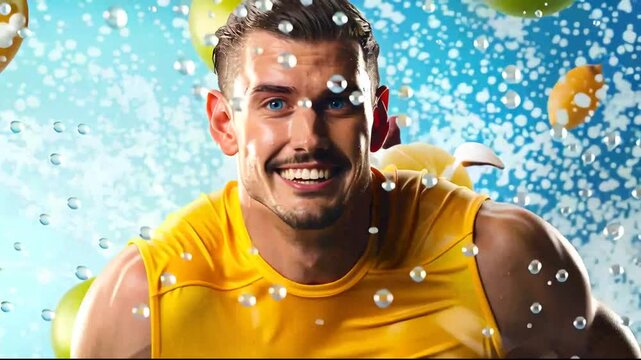 A dynamic scene of a cheerful athlete running through splashes of water, surrounded by colorful fruits flying in slow motion oranges, strawberries, blueberries, grapes, and lemons spinning playfully.