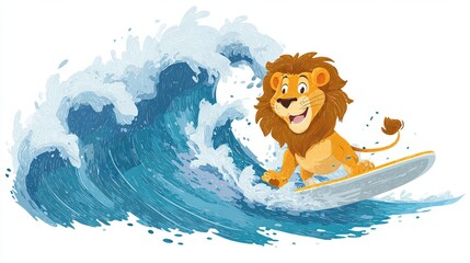 Cartoon lion surfs a large ocean wave. The lion is smiling. White background. Illustration style