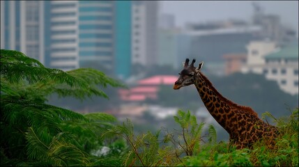 Obraz premium Giraffe gazing at cityscape A unique perspective of wildlife urban contrast.