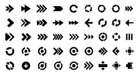 Set of diverse black arrows and circular icons for navigation and direction indicating various movements