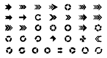 Black arrow icons in various styles, including forward, circular, and directional designs