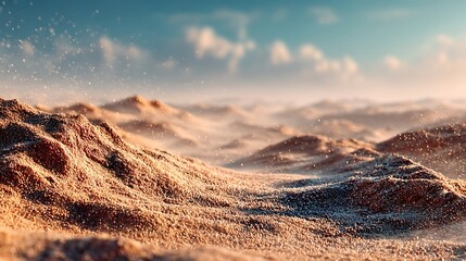 Minimal desert sand surface with soft horizon blur, foreground composition, providing 75% empty space for wellness products, lifestyle mockups, eco-friendly branding, and natural cosmetic displays.