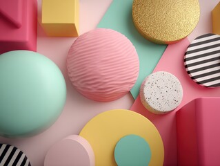 Obraz premium Colorful abstract geometric shapes with textured spheres and flat circles in pastel and metallic colors for modern design