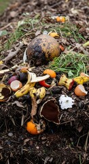 Compost pile with food scraps and yard waste showing decomposition and organic matter recycling