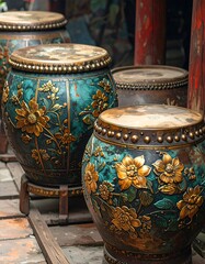 Ornate antique drums in a temple setting