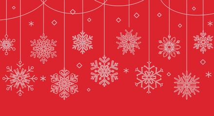 Festive Snowflake Decoration Pattern Red Background with Hanging Snowflakes, Winter Holiday Motif