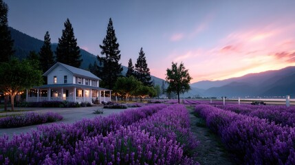 Scenic Lavender Farm at Dusk with Glowing Lights and Dramatic Sky Mountain