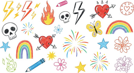 Vector art of assorted handdrawn doodles including lightning, hearts, skulls, rainbows, and more